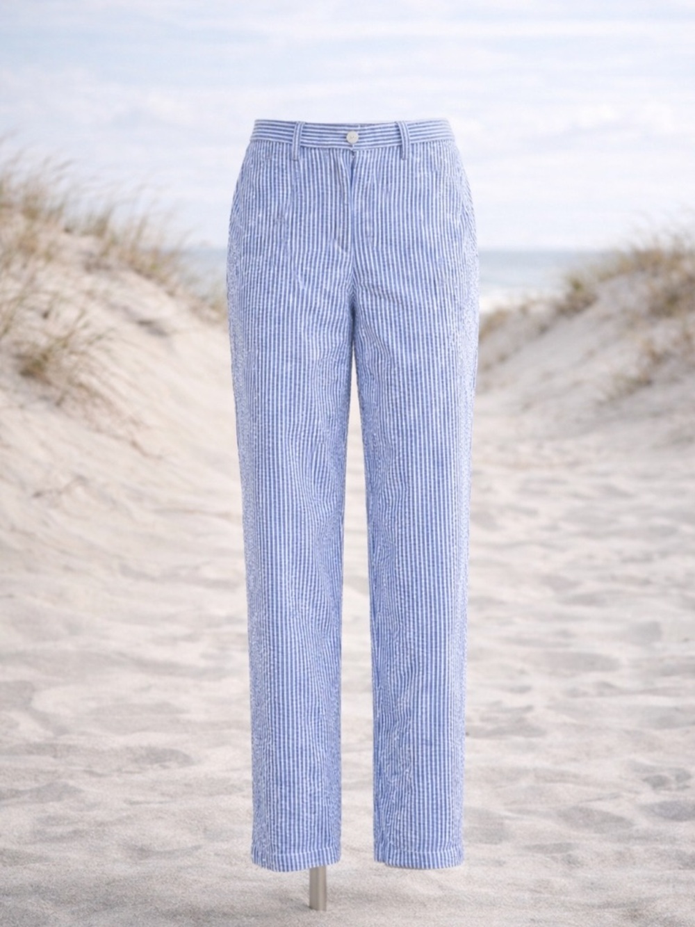 Talbots Seersucker Pants Size 12 Blue White Stripe Relaxed Chino Coastal Preppy